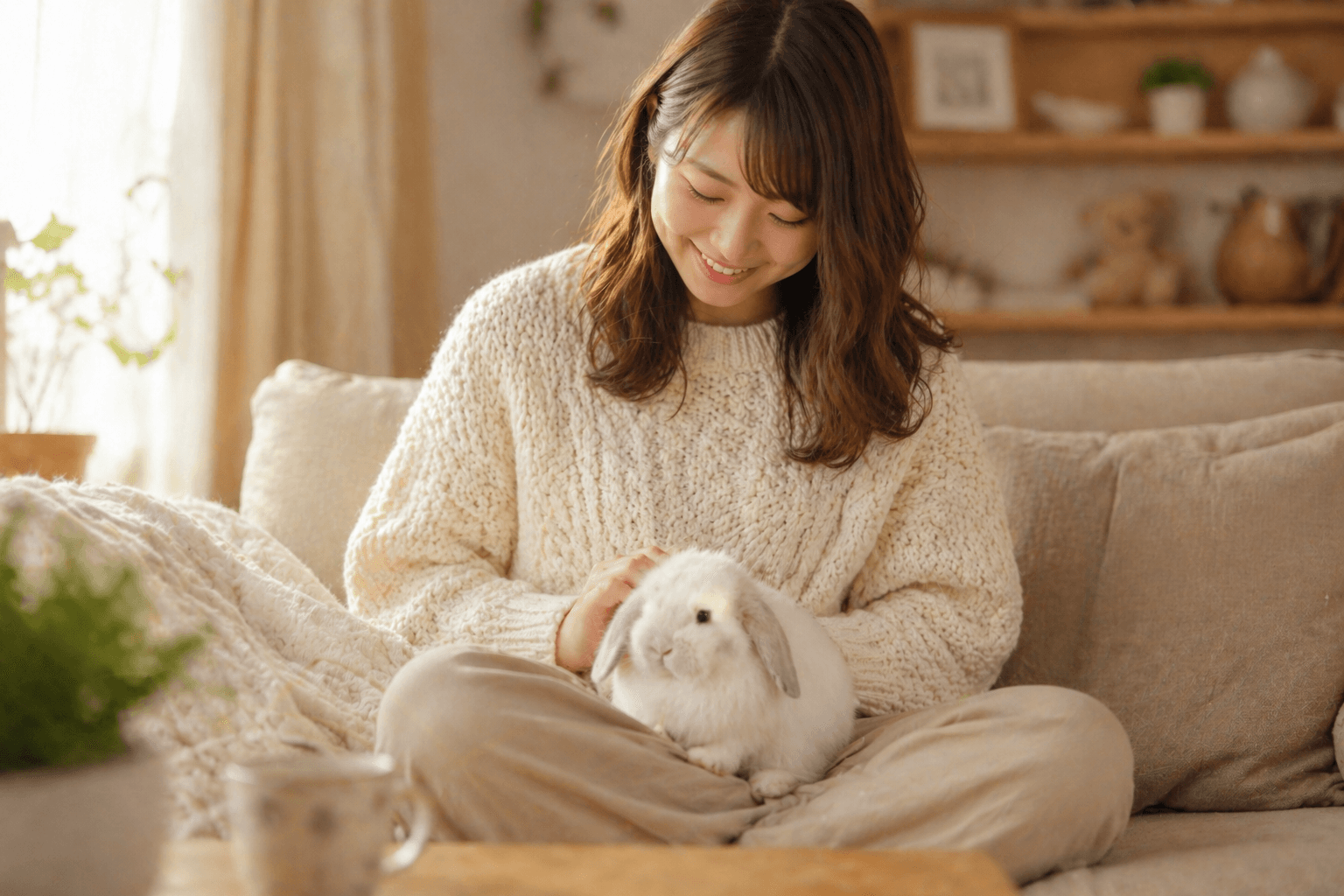 うさぎと一緒にくつろぐ女性
